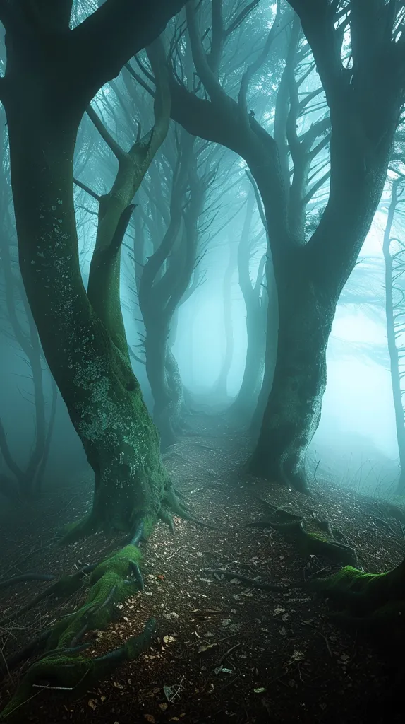 A thick forest, shrouded in mist, evokes a sense of mystery. Twisted branches of ancient trees form an archway, leading into an ethereal landscape. The fog hangs low, obscuring the path ahead, creating an atmosphere of intrigue and perhaps, a touch of the supernatural. The scene is a captivating mix of light and shadow, nature's ethereal beauty, and a hint of the unknown.