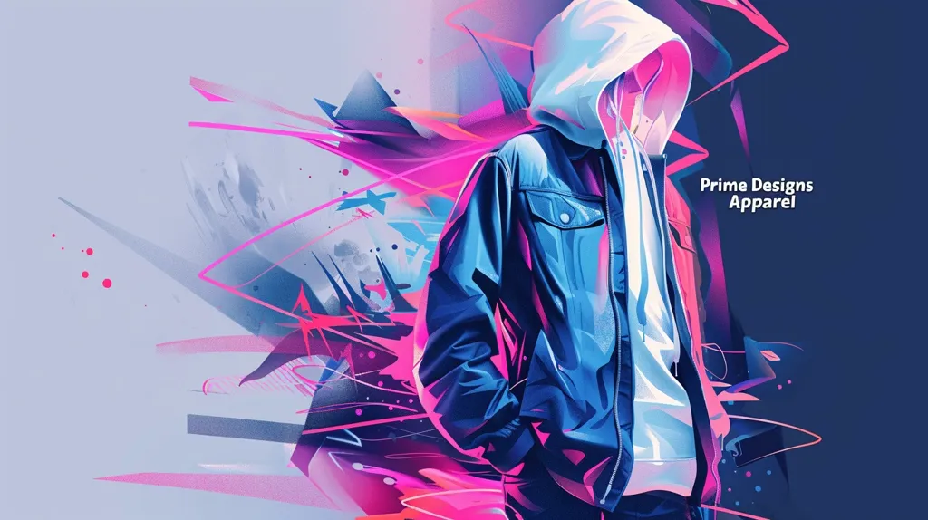 The image is a digital illustration of a person wearing a blue denim jacket and a white hooded sweatshirt. The person is standing in front of a colorful background with pink, blue and white abstract shapes and lines. The text "Prime Designs Apparel" is written on the right side of the image. The image has a modern and stylish aesthetic.