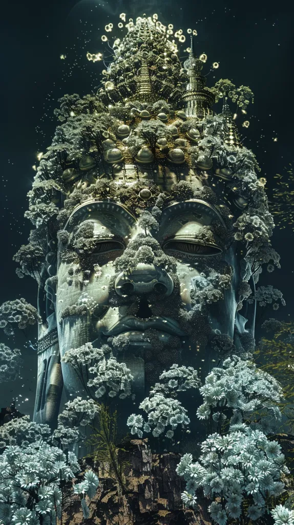 The image depicts a colossal stone Buddha statue, partially obscured by lush greenery. The statue's face is the focal point, with trees and plants growing from its features. The scene is bathed in a soft, ethereal glow, suggesting a mystical or spiritual setting. White flowers bloom in the foreground, adding a touch of serenity to the composition. The image evokes a sense of tranquility and the harmony of nature and spirituality.