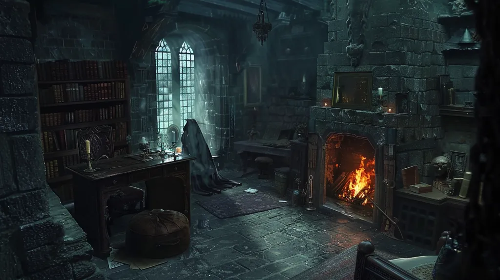 A dimly lit, stone-walled room with a large, arched window. A figure in a dark cloak sits near the window, while a roaring fireplace casts a warm glow. Bookshelves line the wall, and a wooden desk stands near the window, filled with mysterious objects and a flickering candle. The room is filled with an eerie silence, hinting at secrets and forgotten lore.