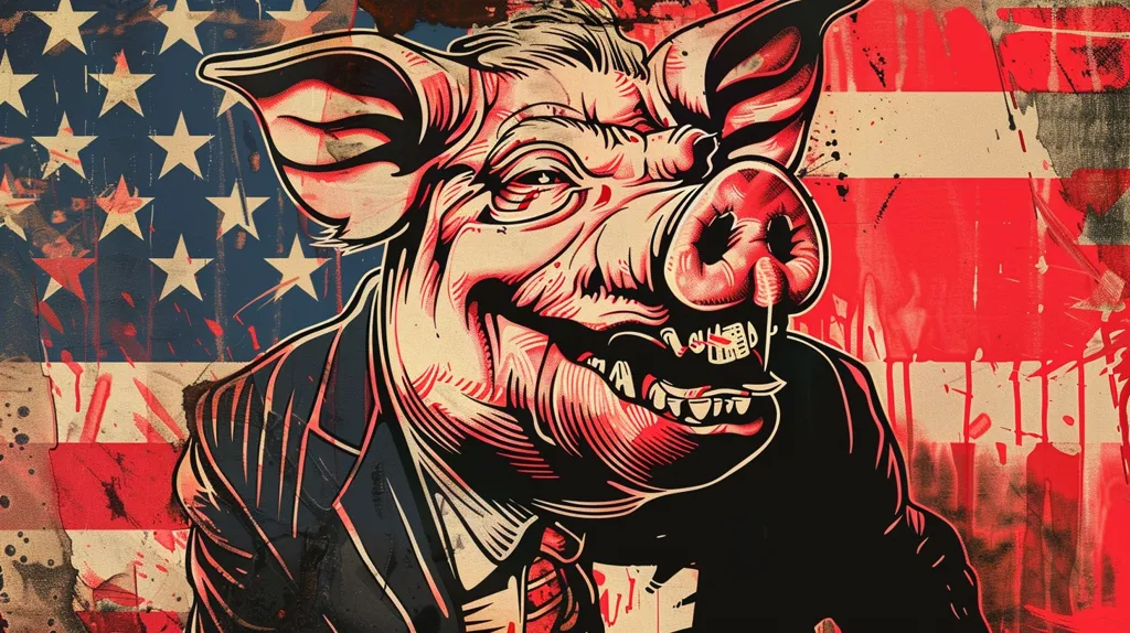 The image shows a pig wearing a suit and tie, with a menacing grin. The background is a distressed American flag, with red, white, and blue colors. The pig's eyes are narrowed and its teeth are bared, suggesting a sense of aggression or danger. The overall impression is one of satire or social commentary.