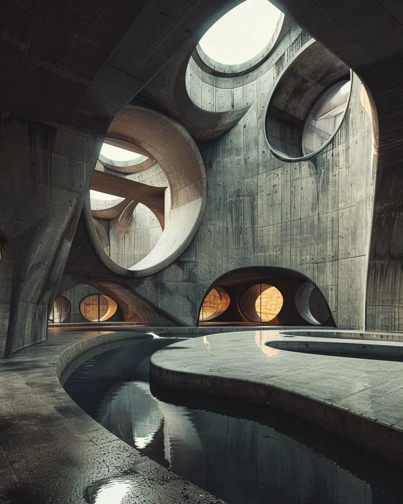 A modern concrete structure with a unique design of overlapping and circular openings.  Light filters through the openings and illuminates the interior. A body of water winds through the space, creating an abstract and surreal atmosphere. The gray concrete walls and the reflecting water create a sense of mystery and wonder.