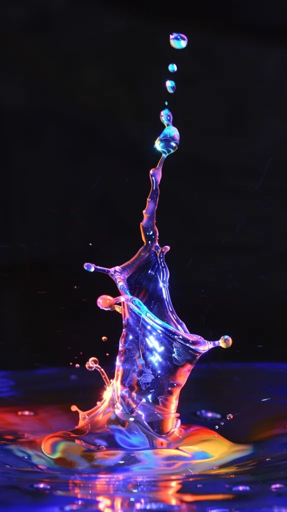 A single water droplet creates a colorful explosion as it falls into a pool of water. The droplet breaks apart into a variety of shapes, with iridescent colors highlighting its movement. The dark background allows the colors of the water to stand out dramatically.