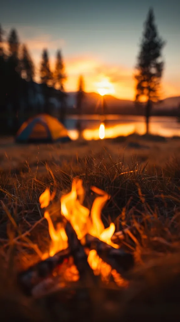 A campfire crackles in the foreground, casting a warm glow on the surrounding grass. The flames dance against a backdrop of a hazy sunset, with silhouettes of trees and a distant tent adding to the idyllic scene.  The image evokes a sense of peace and tranquility, perfect for a relaxing camping trip.
