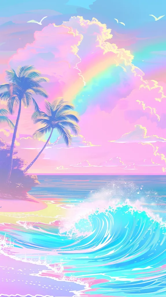 The image depicts a dreamy tropical beach scene. Two palm trees stand in the foreground, their fronds reaching towards a vibrant rainbow-colored sky. The sky is filled with fluffy, pastel-hued clouds, while a bright blue wave crashes gently on the shore. The overall aesthetic is whimsical and nostalgic, evoking a sense of carefree summer days.