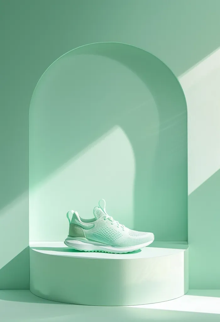 A light green sneaker sits on a platform in front of a green archway. The background is a pale green wall with soft shadows. The sneaker is a modern style with a mesh upper and a white sole. The image is simple and elegant, with a focus on the product.  The green tones create a calming and refreshing mood.  The archway frame emphasizes the product and makes it the focal point.