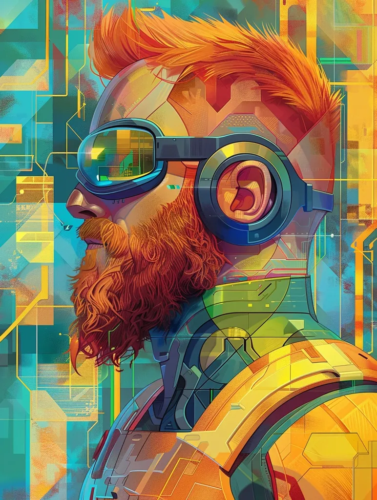 The image depicts a man with red hair and a beard, wearing futuristic goggles and a high-tech suit. He has a serious expression, and his face is partially obscured by the goggles. The background is a vibrant abstract pattern of blue, yellow, and orange, resembling circuitry or a digital interface. The image creates a sense of mystery and intrigue, suggesting a character from a science fiction or cyberpunk story.
