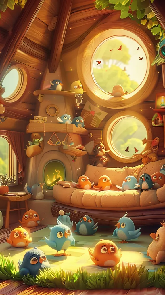 The image depicts a whimsical, cartoon-like interior with a warm, inviting atmosphere. The room features a large, round window overlooking a lush green forest, a cozy couch with a fireplace, and an abundance of adorable bird characters. The birds are perched on shelves, sitting on the couch, and playing in the grassy area. The overall scene is bright and cheerful, filled with playful details.