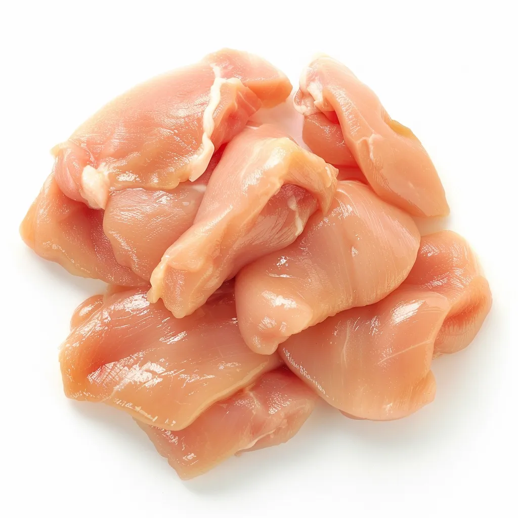 A pile of raw chicken breasts, neatly arranged, with a smooth, light pink surface. The pieces are cut into uniform shapes, showcasing the natural texture of the meat. They are isolated on a white background, creating a clean and appetizing image.