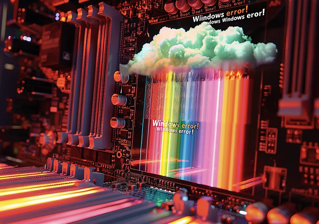 A computer motherboard is shown in close up. The image has a playful and artistic feel, with a rainbow colored cloud that says "Windows error!" cascading over the board, along with a second sign that reads "Windows error!" in the lower right corner.  The board itself is illuminated with red and orange LEDs.  The image appears to be a commentary on the ever-present nature of computer errors.