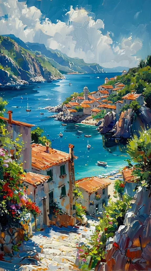 The painting depicts a picturesque coastal town nestled between lush green hills. The town is built on a steep slope, with white houses and red-tiled roofs cascading down to the turquoise waters of a bay. A stone stairway leads down from the foreground, where vibrant flowers bloom in the shade of a building. The scene is bathed in warm sunlight, with fluffy white clouds scattered across a clear blue sky.