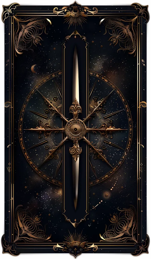 The image is a stylized depiction of a compass set against a dark, starry background. The compass features ornate golden details, including a central circular element and radiating arms. A golden sword is positioned vertically through the center, enhancing the image's mystical aesthetic. The intricate design and celestial backdrop create a captivating and symbolic composition.