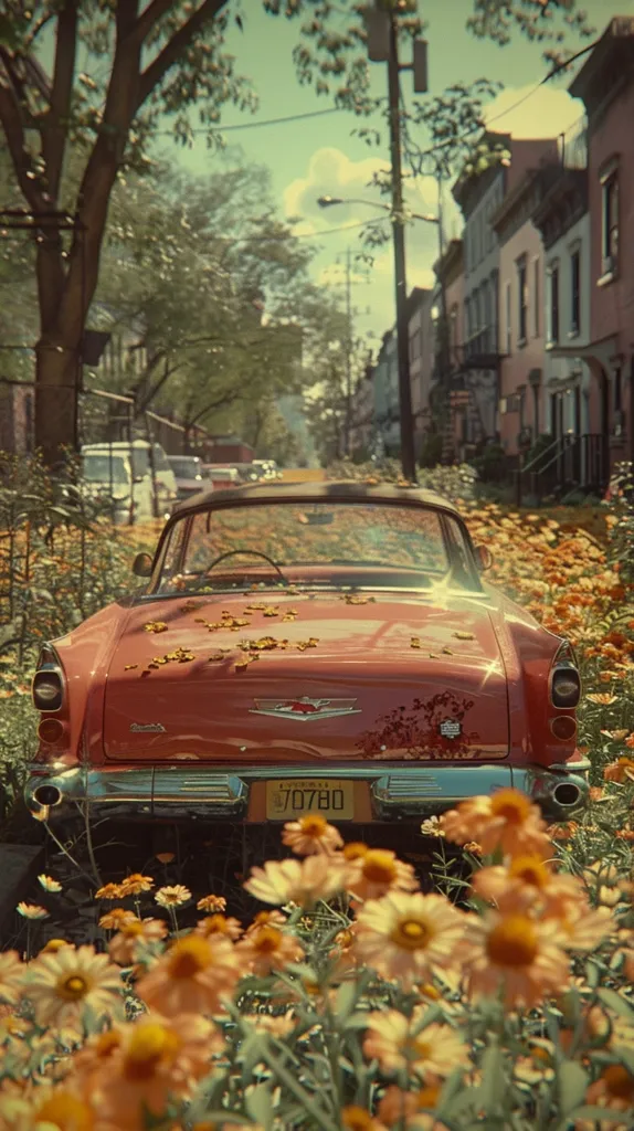 A vintage red car sits parked in a field of yellow flowers, with a row of townhouses and a tree-lined street in the background. The image has a warm, nostalgic feel. The car's chrome details and the soft focus of the flowers create a dreamy atmosphere. The license plate reads "70780".