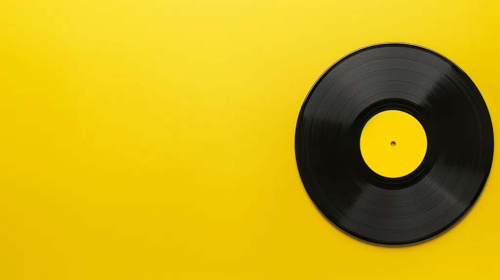 A black vinyl record sits on a bright yellow background. The record has a yellow label in the center. The image is simple and minimalist, with a retro feel.