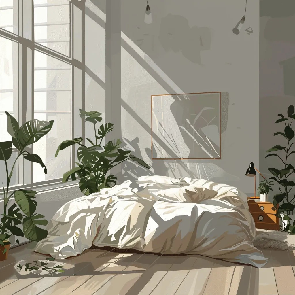 The image depicts a minimalist bedroom with a large window letting in sunlight.  A white bed takes center stage, draped in soft sheets, with a large plant to the left and another in the corner. A bedside table with a lamp sits to the right, with a framed picture on the wall above. The room is filled with a warm, inviting ambiance.