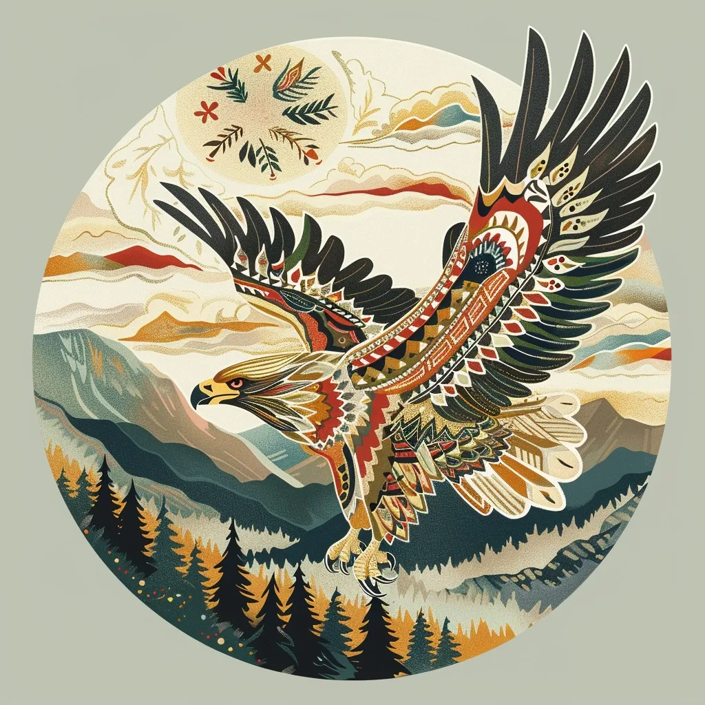 A detailed, intricately patterned eagle soars through a mountain landscape with a sunlit sky above. The eagle's wings are spread wide, showcasing a colorful array of geometric designs and feathers. The backdrop is a misty mountain range with a lush forest in the foreground, creating a sense of majestic natural beauty. The overall composition is a circular design, giving the image a sense of completeness and harmony.