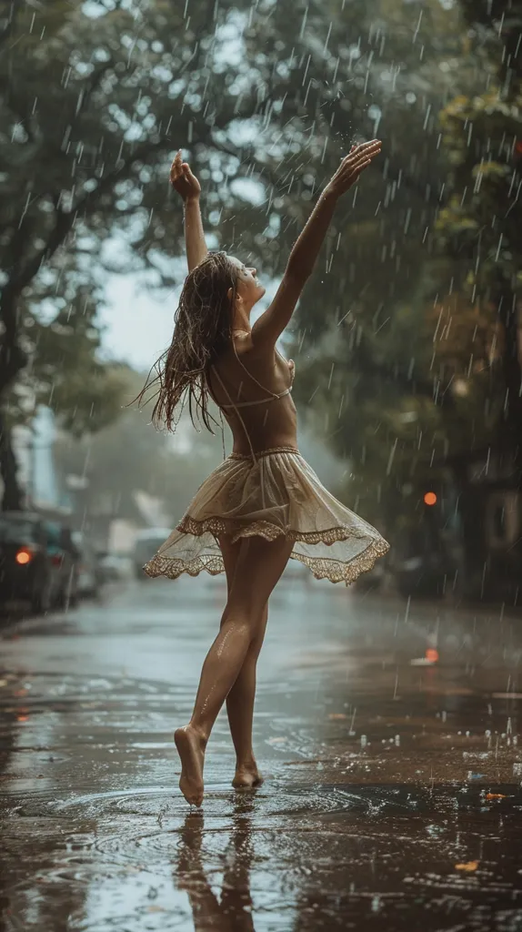 A woman wearing a white dress dances in the rain, her arms outstretched and head tilted back. The rain falls around her, creating a curtain of water. Her bare feet make small splashes in the puddles on the wet asphalt road. The scene is both serene and joyful, capturing the beauty of a simple moment.