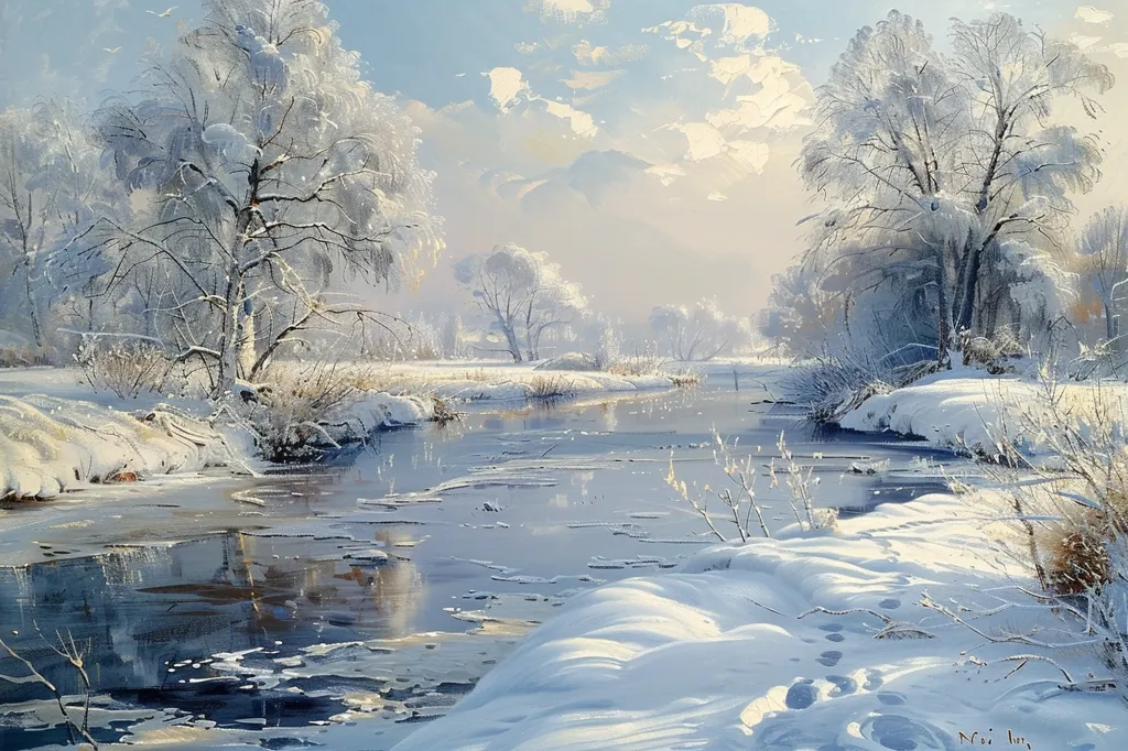 A snow-covered winter landscape with a frozen river winding through the scene. The trees are bare, their branches dusted with frost, and the sky is a pale blue with white clouds. The light is soft and diffused, creating a tranquil and peaceful atmosphere.  Footprints in the snow suggest recent activity.