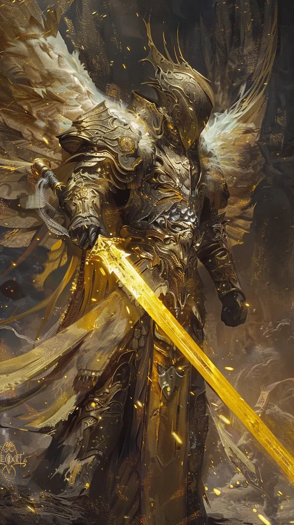 A warrior clad in ornate, golden armor stands amidst a flurry of sparks. Their helmet hides their face, but their powerful stance suggests a seasoned fighter. They wield a shining sword, its blade catching the light and reflecting the golden hues that dominate the scene. The warrior’s wings, though partially obscured, appear ethereal and suggest a connection to a higher power. The image evokes a sense of might, divinity, and the potential for both destruction and creation.