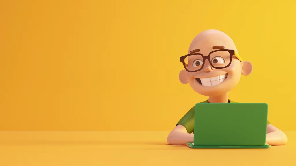 A 3D cartoon character with glasses is sitting at a table, looking off to the side with a smile while using a green laptop computer. The background is a solid yellow color.
