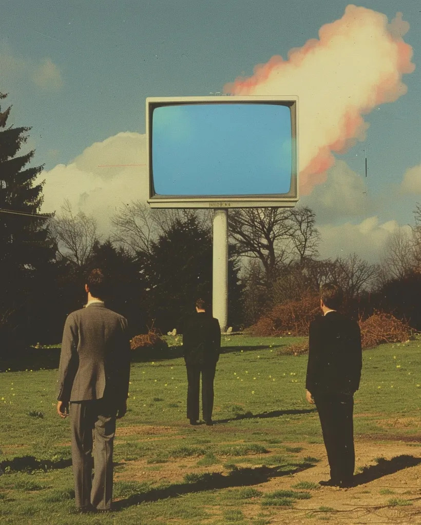 Three men in suits walk across a grassy field. A large, old-fashioned television screen is mounted on a pole in the middle of the field, facing them. The screen is blank, and a cloud in the sky is shaped like smoke coming from the television. The scene is reminiscent of a retro dystopian film.