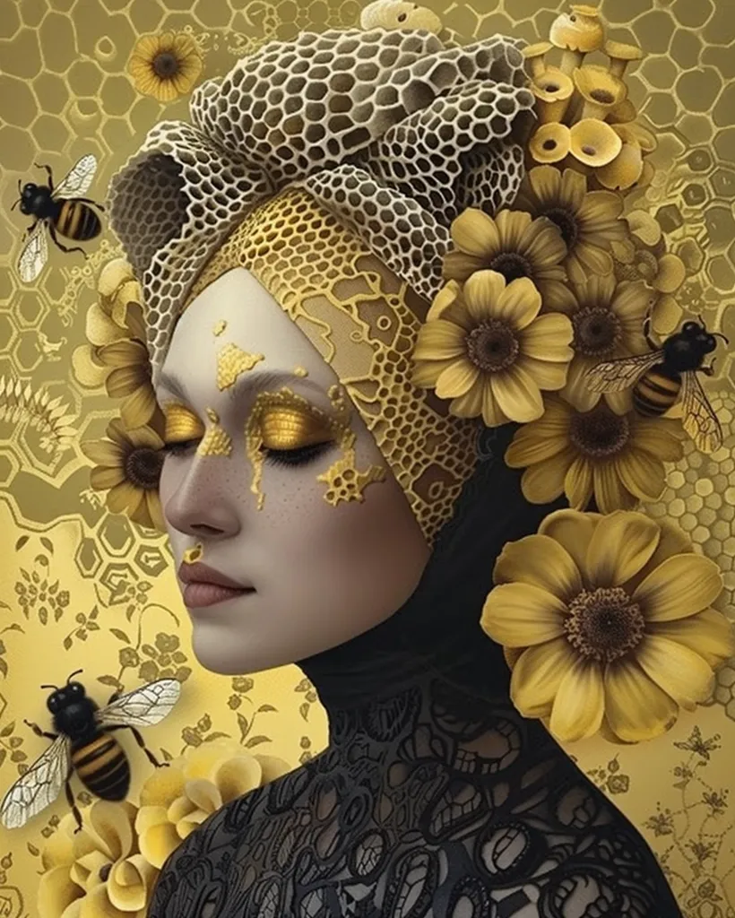 A woman's face is partially obscured by a honeycomb-patterned headdress and veil. She has golden eyeshadow and appears to be made up with honeycomb details. The image is filled with bees, honeycomb, and yellow flowers. The overall aesthetic is surreal and otherworldly.