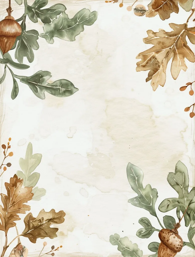 The image depicts a watercolor illustration of autumn leaves and acorns. The leaves are a mix of green and brown, and they are arranged in a border around the edges of the image. The acorns are brown and round, and they are scattered throughout the image. The background is a light beige with brown watercolor stains. The image has a rustic and natural feel.