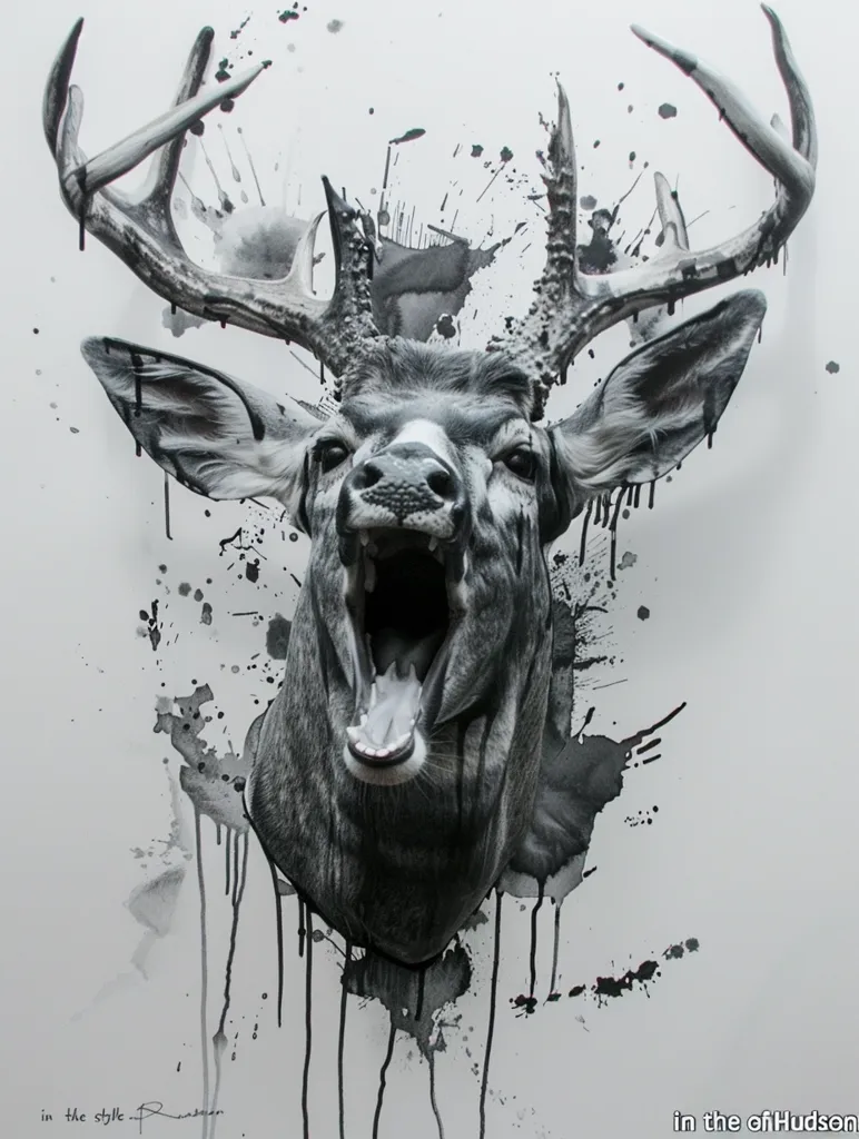 A black and white image of a deer head with large antlers. The deer is depicted with its mouth open in a roar, and the image is styled with splashes of black ink. The effect is edgy and impactful.