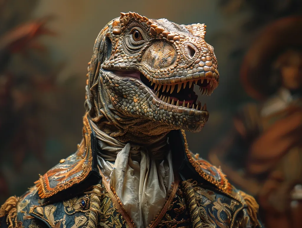 A dinosaur, with a scaly green and brown head, wears a richly embroidered blue and gold jacket with a white cravat. Its mouth is open, revealing sharp teeth, and its eyes are alert.  The dinosaur's face is the focal point of the image, and the intricate details of its costume add to the sense of whimsy.  The background is blurred, suggesting the dinosaur is the subject of attention.