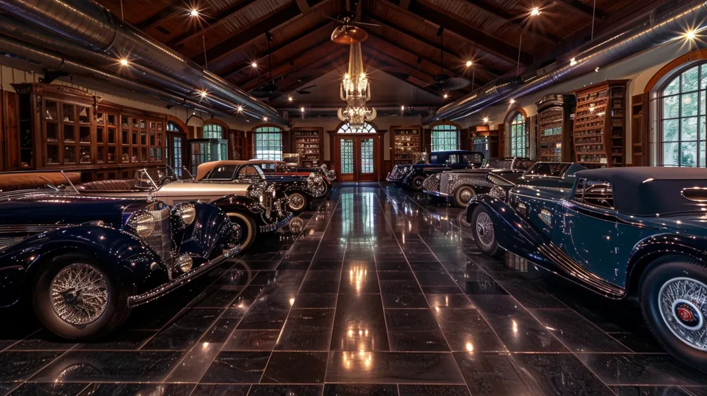 A spacious, well-lit garage with gleaming black tiled floors. A crystal chandelier hangs from the high vaulted ceiling, illuminating a collection of classic cars, including a dark blue convertible, a cream-colored sedan, and a vintage blue car. The garage is lined with wooden cabinets and windows that offer a glimpse of a lush green landscape. The atmosphere is elegant and luxurious, showcasing a love for automobiles and fine craftsmanship.