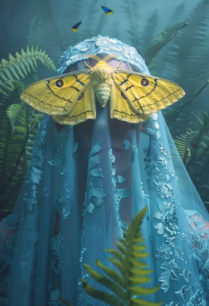 A person is shrouded in a blue, delicate, floral-patterned veil.  A large, yellow moth with black markings sits atop the veil, its wings fully extended, almost covering the face. The scene is set in a lush, green, and mysterious forest, suggesting a mystical or fairy tale atmosphere.  The image evokes a sense of mystery and the beauty of nature.