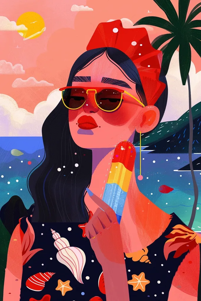 A woman with long black hair and a red headband is wearing sunglasses and holding a colorful popsicle. The background is a bright, stylized summer scene with a beach, palm tree, and a sun in the sky. Her red lips and the overall bold colors convey a sense of summer fun and vibrancy.  She is wearing a black and white patterned dress with seashells, starfish, and other ocean-themed imagery.