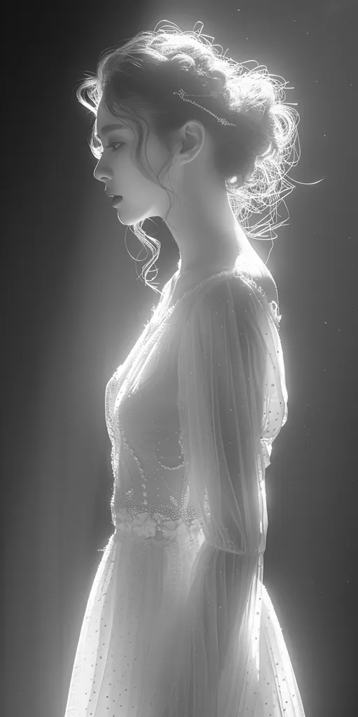 A woman in a white, flowing gown stands in a dimly lit room. Her hair is styled in an intricate updo, and she wears a delicate headband. The image is in black and white, emphasizing the soft lines of the dress and the woman's graceful pose. Light spills onto her from the right, highlighting her form.  A sense of mystery and elegance permeates the image.