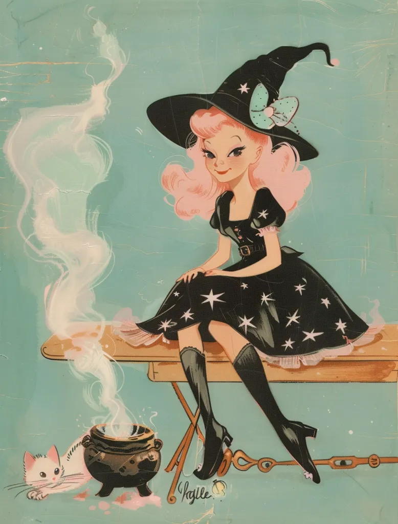 A young witch with pink hair sits on a table, wearing a black dress with stars and a black witch's hat. She has a cat beside her and a cauldron is steaming in front of her. The background is a soft teal color with wispy white clouds. The image has a whimsical and charming aesthetic.