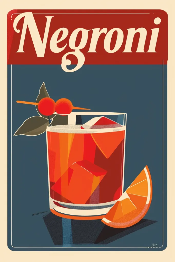 The image is a vintage-style poster advertising a Negroni cocktail. The poster features a glass of Negroni with ice cubes and an orange slice. The drink is garnished with two red cherries on a toothpick, and a green leaf. The word "Negroni" is written in large, bold letters at the top of the poster, with a red background. The poster has a retro, minimalist design.