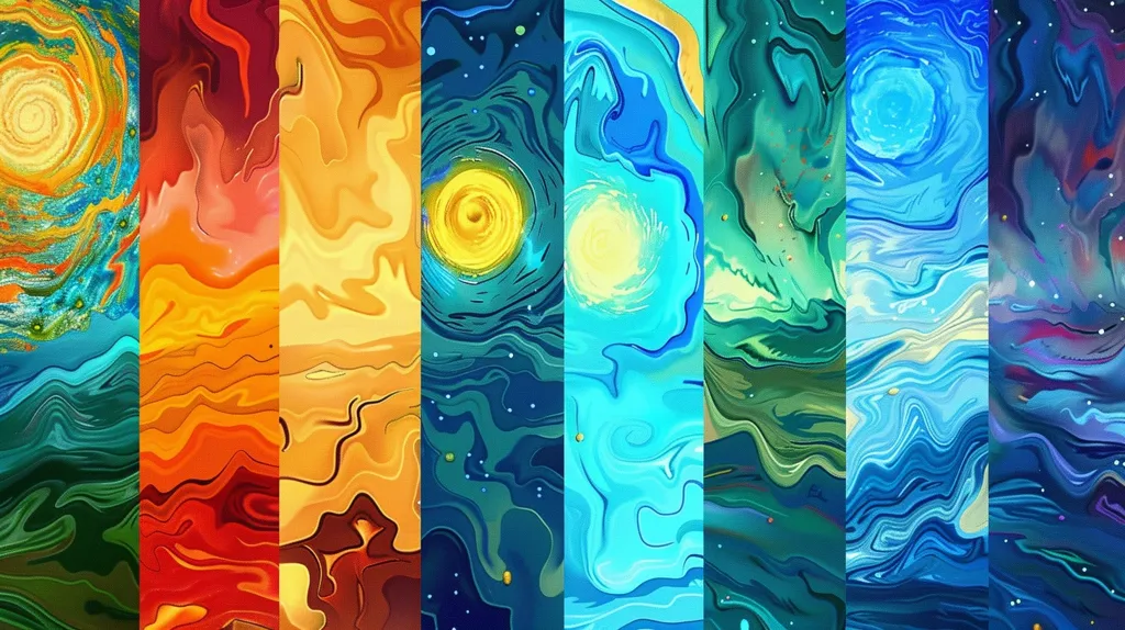 The image is an abstract interpretation of a starry night sky. It consists of seven vertical panels, each with a unique color scheme, from orange to blue, with swirling lines and stars. The overall effect is one of dreamy wonder and cosmic beauty.