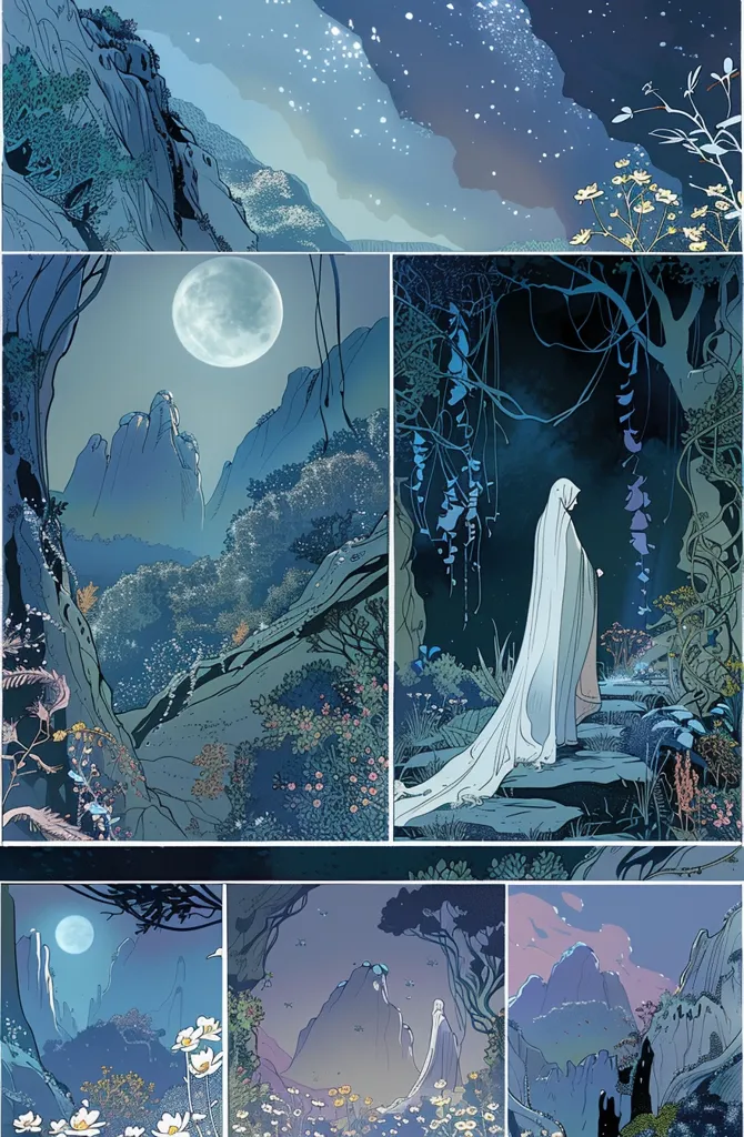 The image is a collage of four panels depicting a mystical landscape. The first panel shows a starry night sky over a rocky mountain range. The second panel features a figure cloaked in white, standing in a dense forest. The third panel depicts a moonlit valley with a large moon shining in the sky. The final panel shows a mountain range with a soft, glowing sky behind it. All panels are rendered in a dreamy, ethereal style with soft colours and detailed textures.  The image evokes a sense of wonder and enchantment.