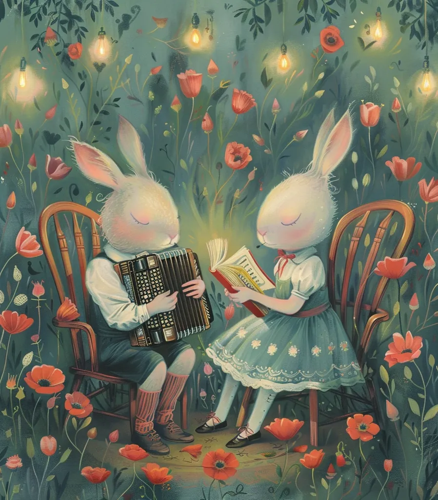 Two white rabbits are sitting in a forest clearing, surrounded by red poppy flowers and glowing lights. One rabbit is playing an accordion, while the other is reading a book. The scene is peaceful and whimsical, creating a sense of charm and tranquility.  The illustration has a dreamy, fairy tale-like atmosphere.