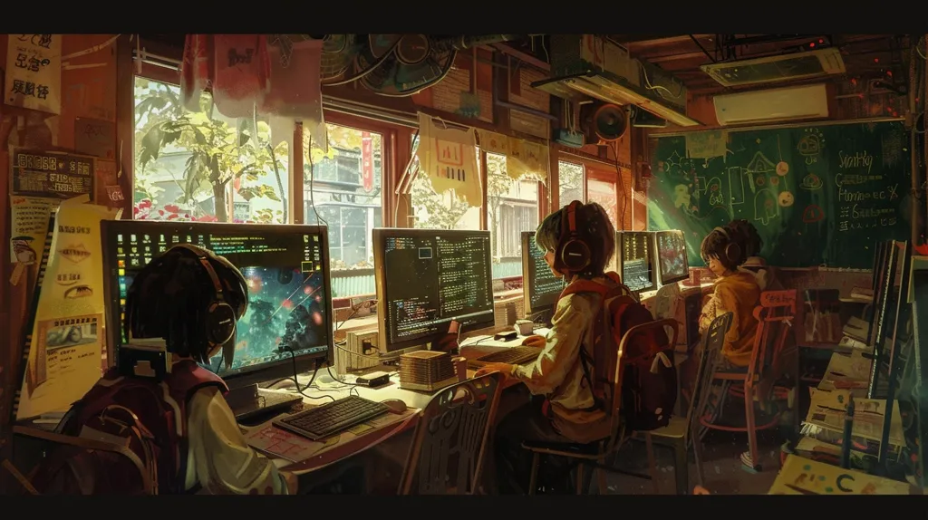 The image depicts a dimly lit room, possibly a classroom, with three individuals using computers. The room is cluttered with desks, chairs, and various items. Windows provide a glimpse of a lush green exterior. A large chalkboard with scribbles on it hangs on the wall. The room is filled with a sense of focus and concentration.