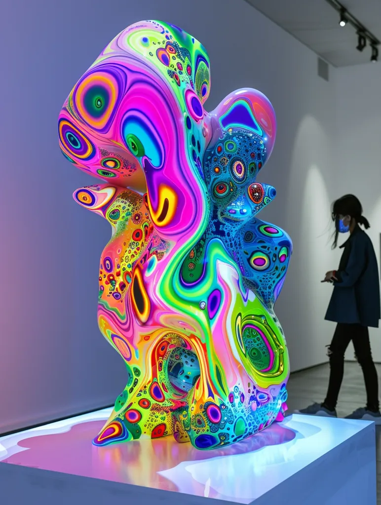 A large, abstract sculpture made of colorful, swirling, and layered shapes, reminiscent of a psychedelic dream.  It stands on a white platform in a gallery setting, with a person in the background wearing a mask and looking at the artwork. The sculpture's vibrant colors, including pinks, blues, greens, and yellows, create a captivating and mesmerizing visual experience. The intricate details and patterns add to the overall sense of wonder and surrealism.