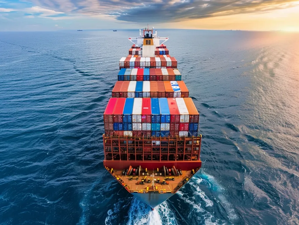A large container ship sails across the ocean, its brightly colored cargo containers stacked high. The sun sets in the distance, casting a warm glow over the water. The ship leaves a trail of white foam in its wake.  The vastness of the ocean is emphasized by the small size of the ship in the distance.