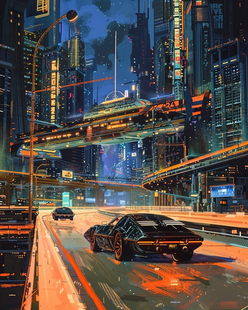 A futuristic cityscape with towering skyscrapers and neon lights. Cars drive on a curved highway beneath an elevated train track, highlighting a modern and technologically advanced urban landscape.  The scene is bathed in a warm glow, creating a sense of both wonder and anonymity.