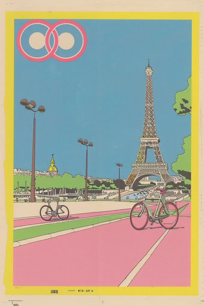 A stylized image of the Eiffel Tower in Paris, with a pink bike in the foreground. The sky is blue, and there are trees and lampposts in the background. The image is outlined in black, and the colors are bold and bright. There is a pink symbol in the top left corner.  This artwork appears to be a print.  The overall theme is a bright, almost cartoonish style.