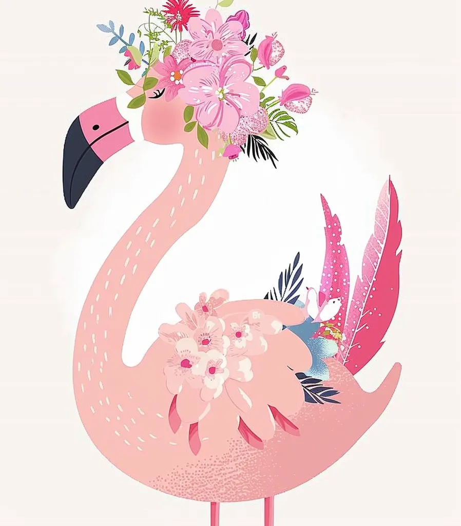 A pink flamingo with a long neck and a curved beak is adorned with a vibrant floral crown and a cluster of blossoms on its back. The flamingo is depicted in a stylized, cartoonish manner, emphasizing its elegance and grace. The image features a white background, which further highlights the flamingo's bright pink hue. The overall impression is one of playful charm and tropical delight.