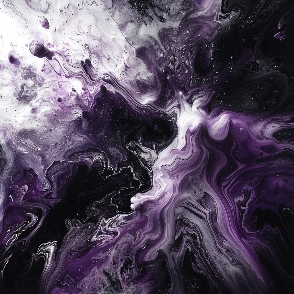 The image is an abstract painting in shades of black, white and purple. The paint is swirled and marbled, creating a dynamic and chaotic effect. It resembles a cosmic landscape or the depths of a mysterious ocean. The colors blend seamlessly, creating a sense of movement and depth.  The white swirls in the center of the image stand out, creating a bright point of interest.