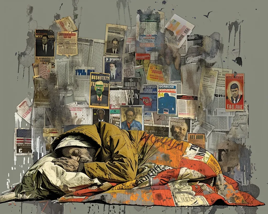 A homeless man sleeps curled up on a patchwork blanket. He is wearing a thick jacket and a hat, and his face is obscured by his hands. The background is a wall plastered with faded posters and newspaper clippings, suggesting an urban environment. The image evokes a sense of poverty and despair.