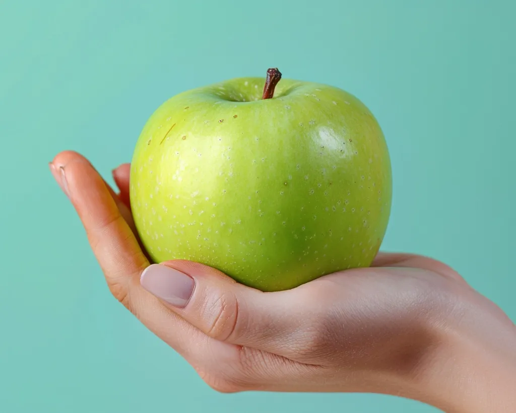 A hand holds a large green apple against a bright teal background. The apple is smooth and shiny with a slight brown stem. The hand has a light skin tone and is relaxed. The image is simple and focuses on the natural beauty of the apple and the hand holding it.
