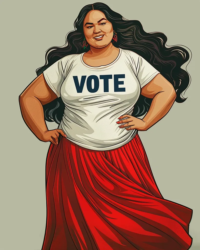The illustration depicts a woman with long black hair, wearing a white t-shirt with the word "VOTE" printed on it and a flowing red skirt. She is standing with one hand on her hip, her face expressing determination. The image is drawn in a bold, graphic style and conveys a powerful message about the importance of voting. The background is a simple, muted color, drawing attention to the woman and her message.