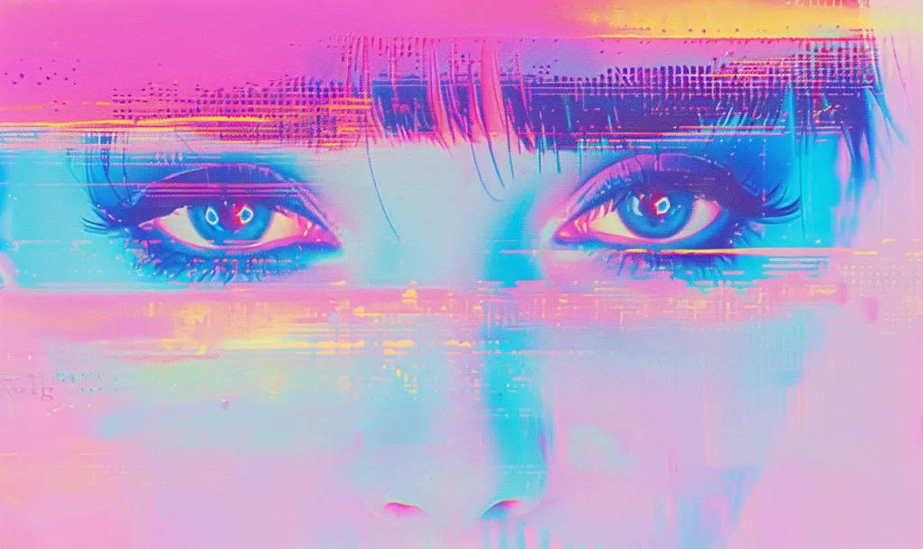The image is a close-up of a woman's face with a heavy digital distortion effect. It is a bright and colorful image, with pink, blue, and yellow hues. The woman's eyes are prominent, and they are both wide open, looking directly at the viewer. The digital distortion is so strong that the woman's face appears to be melting or dissolving. The image is likely meant to be a futuristic or cyberpunk aesthetic.