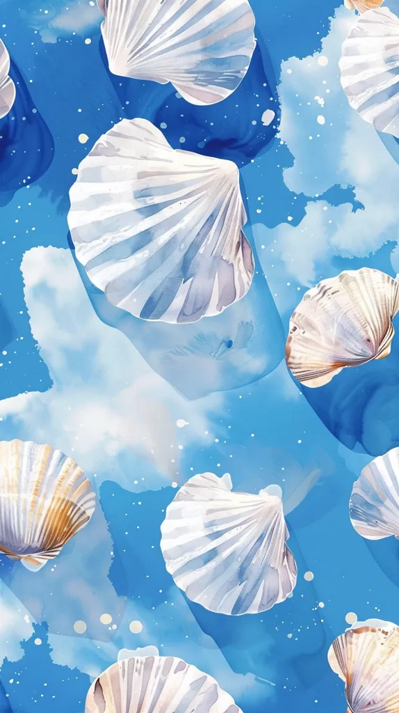 The image is a watercolor painting of seashells on a blue background. The shells are white and have a delicate, translucent quality. The background is a light blue with white clouds and speckles of white paint. The image evokes a sense of calmness and serenity. The shells are scattered across the surface, appearing to float in the water. They create a visually appealing composition.  The painting evokes a sense of summer and the beach.